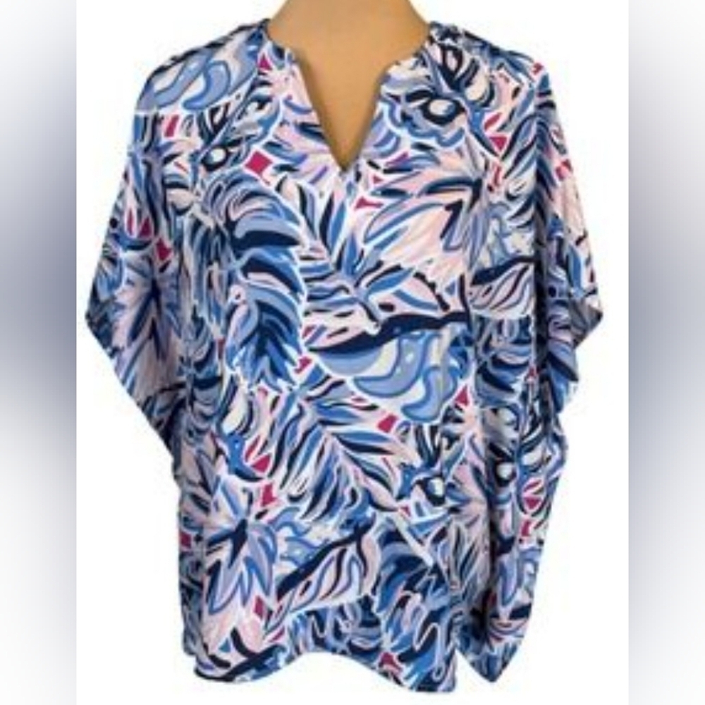 Simply Southern NWT Blue and Pink Leaf Print Blouse Size Small Oversized PTP 25